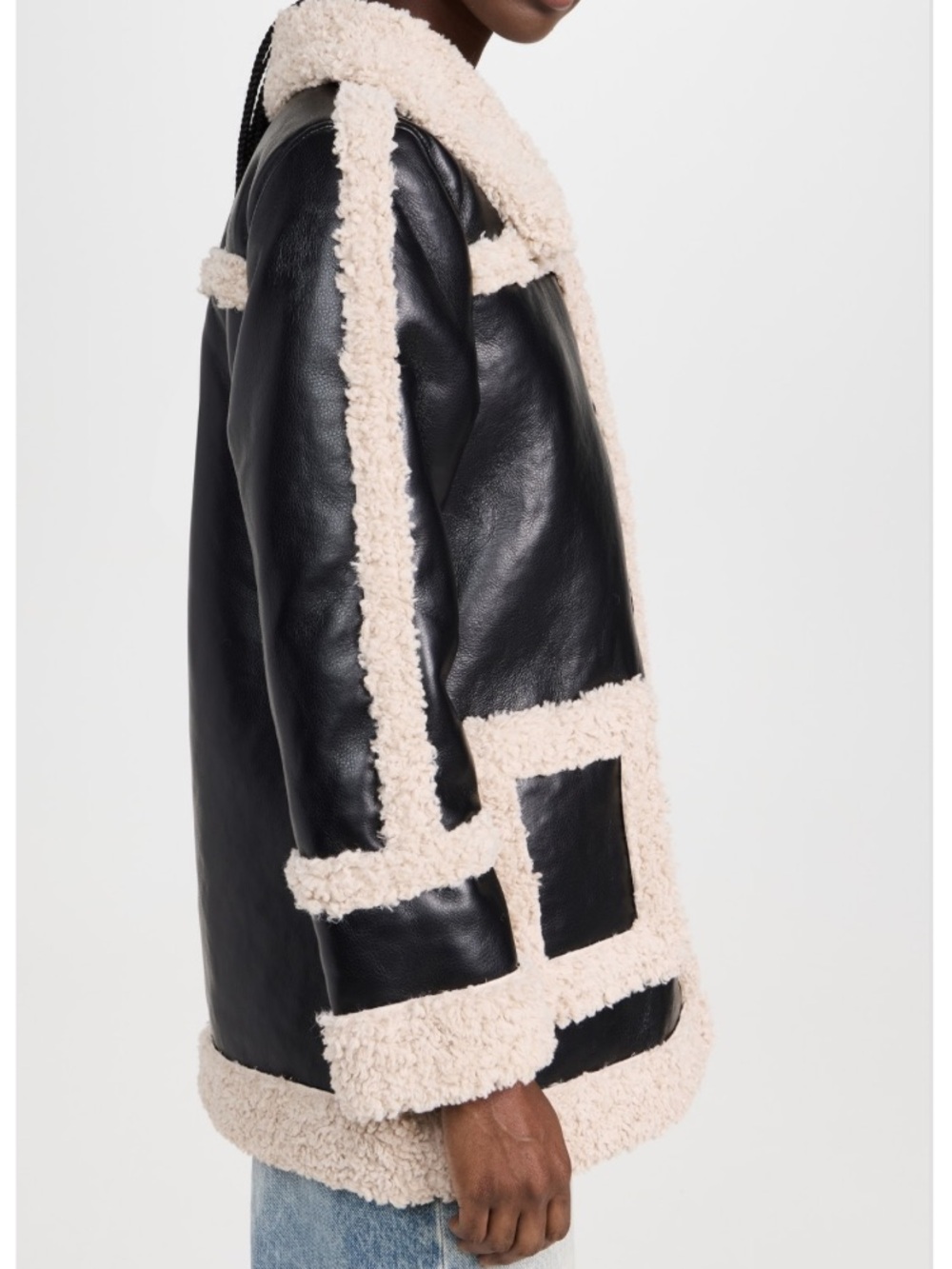 7 For All Mankind Faux Shearling Black Cream Faux Leather Longline Jacket NEW - Picture 5 of 11